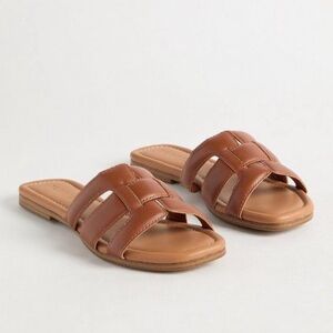 Brown Faux Leather Slide Sandals